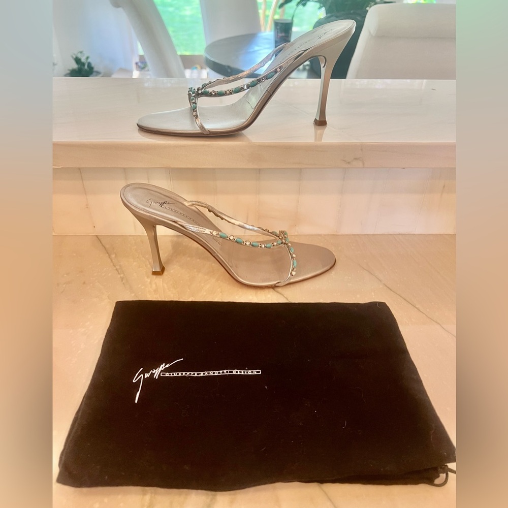 Giuseppe Zanotti Silver Heels with crystals & turquoise stone Design